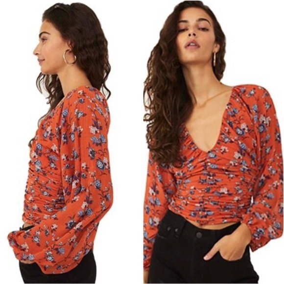 Free People Final Rose Floral Print Deep V-Neck Long Balloon Sleeve Ruched Top M - Picture 2 of 14